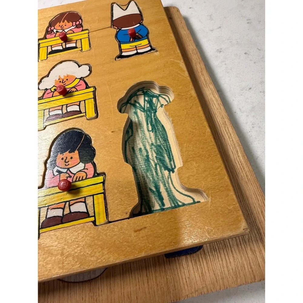 Vintage Simplex Toys Wooden Peg Puzzle Lot School Farm 3 Boards complete